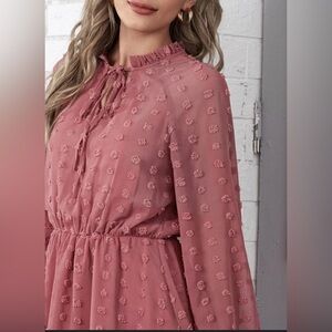 Tacera Swiss Dot Bishop Long Sleeve Lined Mauve Midi Dress  ~ Size Medium